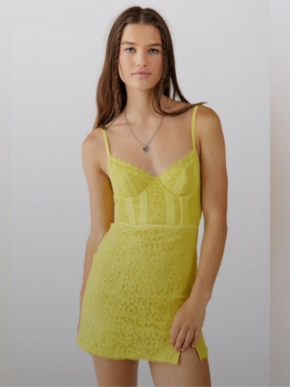 NWT Urban Outfitters Layla Lace Corset Mini Dress, Yellow - Size Large